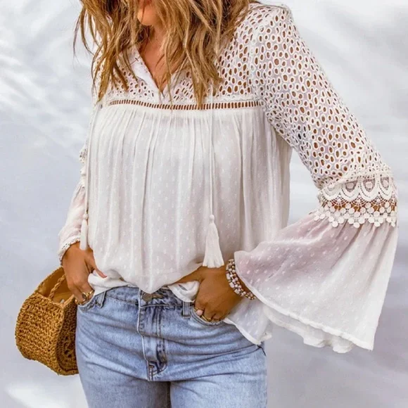 New Women's Boutique White Lace Chiffon Long Sleeve Ethereal Boho Blouse Top - Picture 1 of 9
